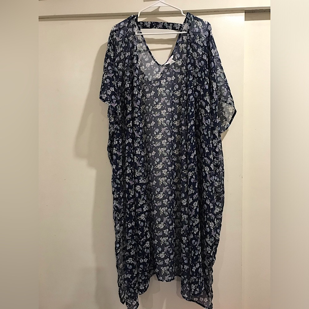 Lauren Conrad Navy Floral Semi-Sheer Crepe One Size Beach Coverup Duster